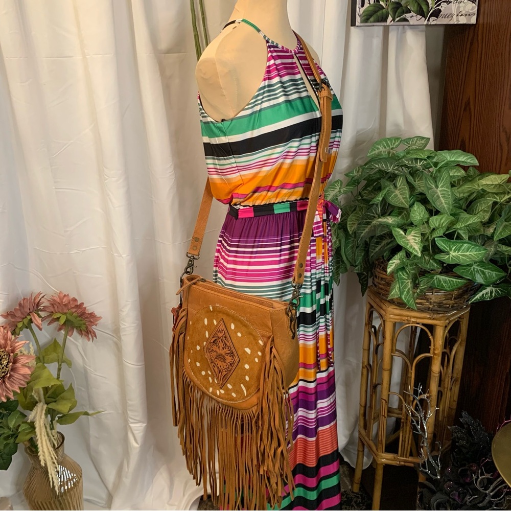 🌟Price Drop🌟❤️American Darling Tan Leather & Tooling Fringed Shoulder Bag - Picture 3 of 14